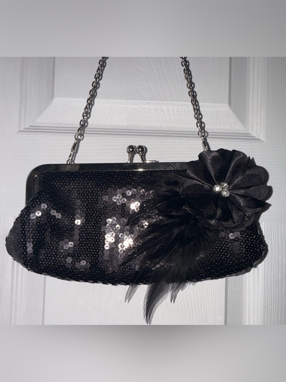 Charming Charlie Black Sequin Clutch with Floral Feather Accent